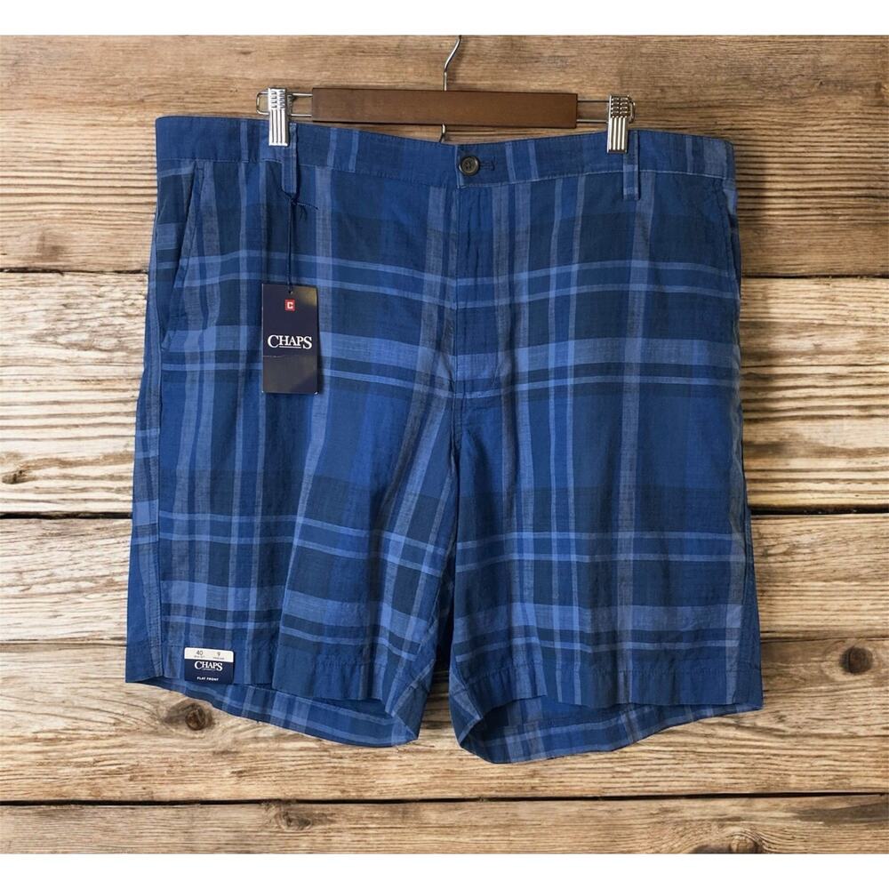 Chaps Deep Water Blue Plaid 100% Cotton Shorts 9-inch Inseam Men's Size 40 NWT